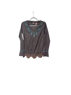 Overdrive Vintage Gray Crotchet Lace Embroidered V-Neck Blouse Bohemian Sz S